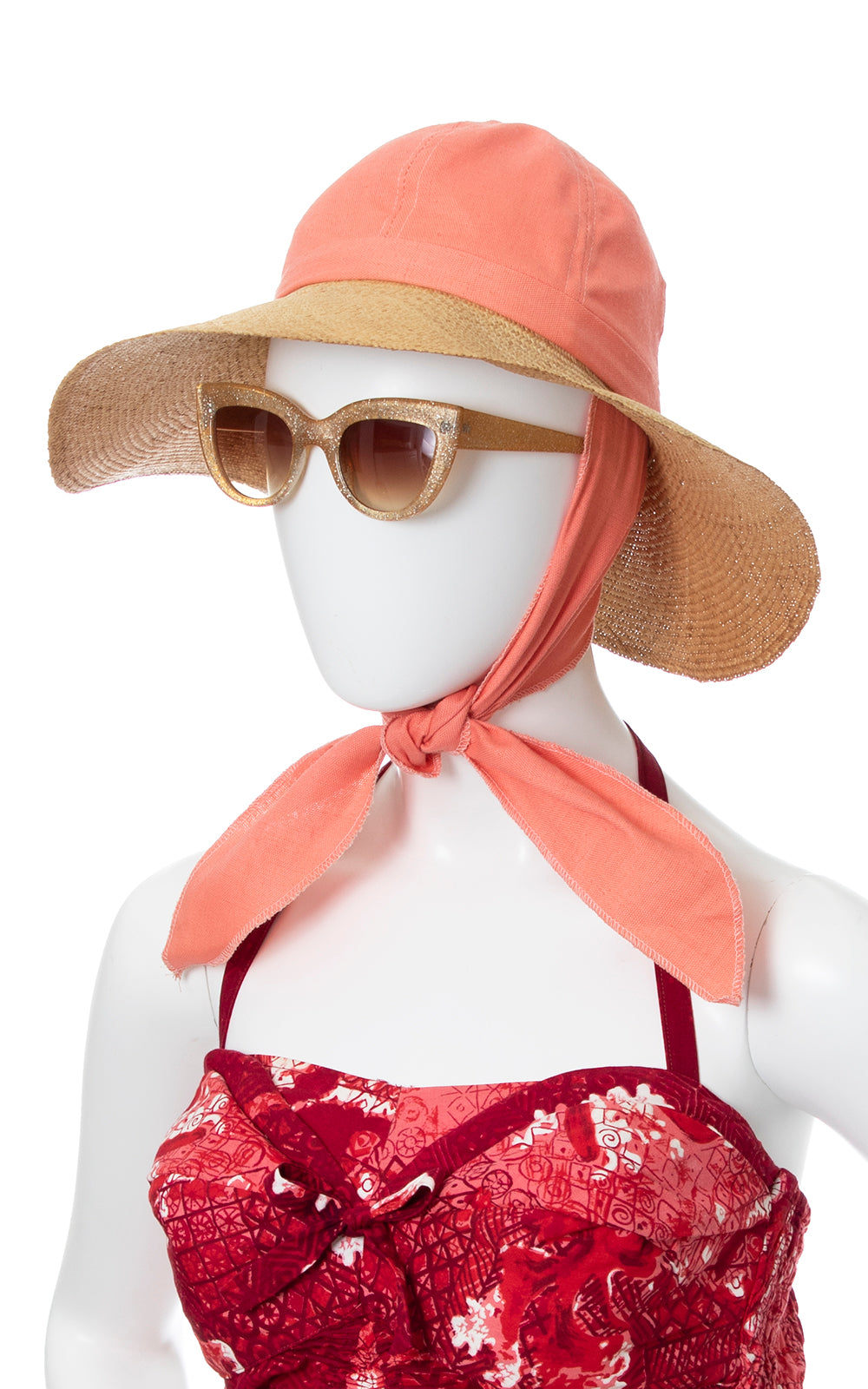 1960s Pink Cotton & Straw Sun Hat with Ties | small/medium