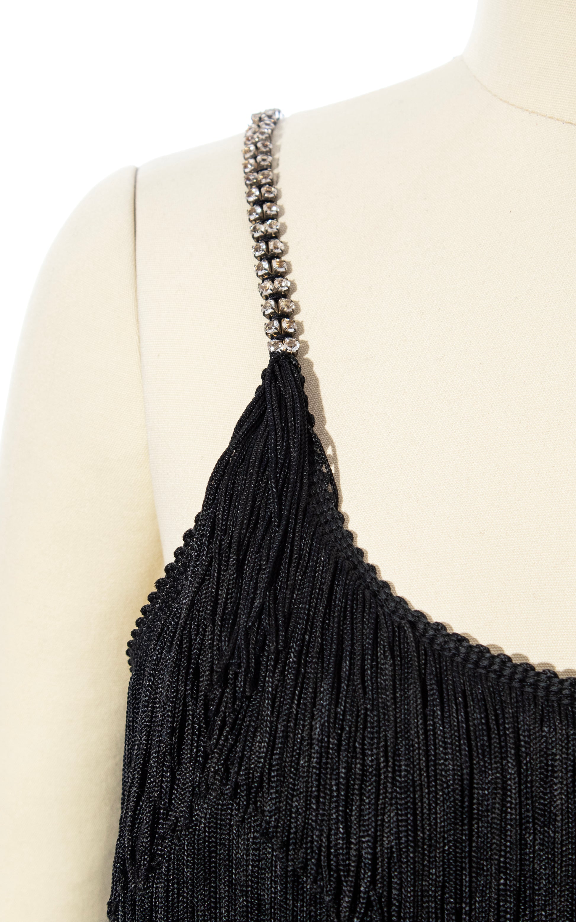 Vintage 60s 1960s Black Fringe Rhinestone Straps Party Dress Evening Gown Showgirl Maxi BirthdayLifeVintage