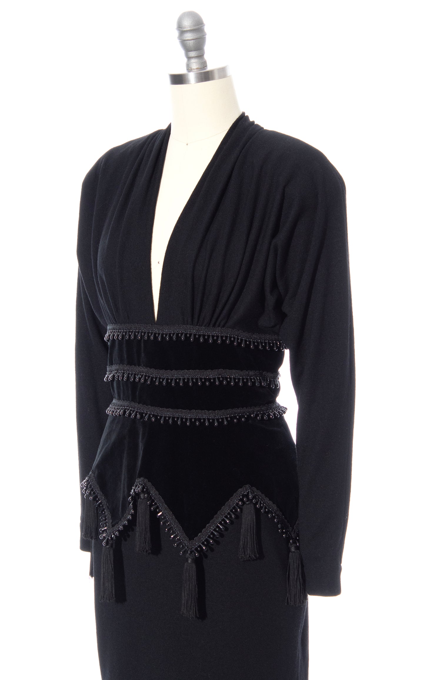 Vintage 80s 1980s Beaded Tassels Wool Jersey & Velvet Dress BirthdayLifeVintage