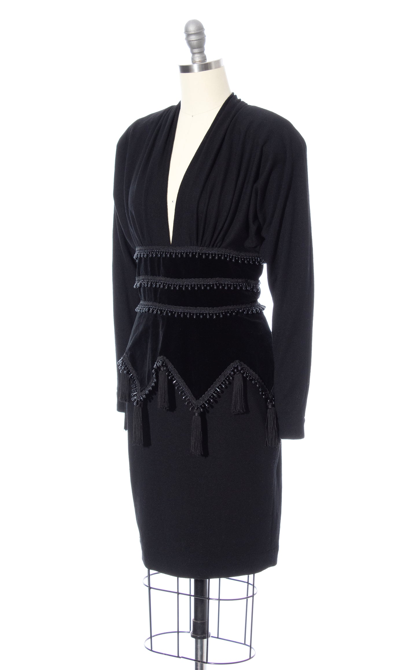 Vintage 80s 1980s Beaded Tassels Wool Jersey & Velvet Dress BirthdayLifeVintage