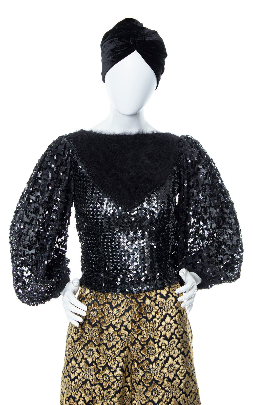 Vintage 1970s 70s 1980s 80s Black Sequin & Angora Balloon Sleeve Top Birthday Life Vintage