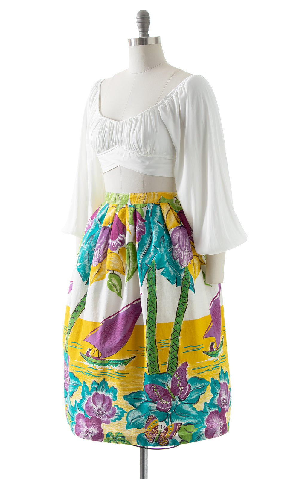 1950s Tropical Island Novelty Border Print Skirt | small/medium