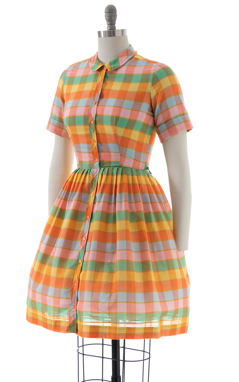 1950s 1960s Rainbow Plaid Shirtwaist Dress | small