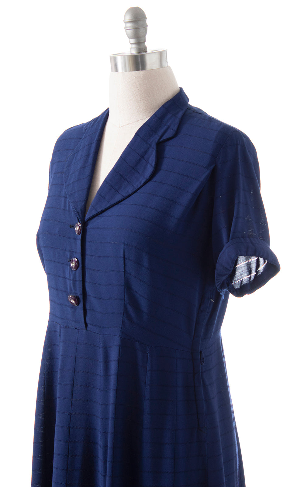 1940s Navy Blue Cotton Rayon Shirtwaist Dress | x-large