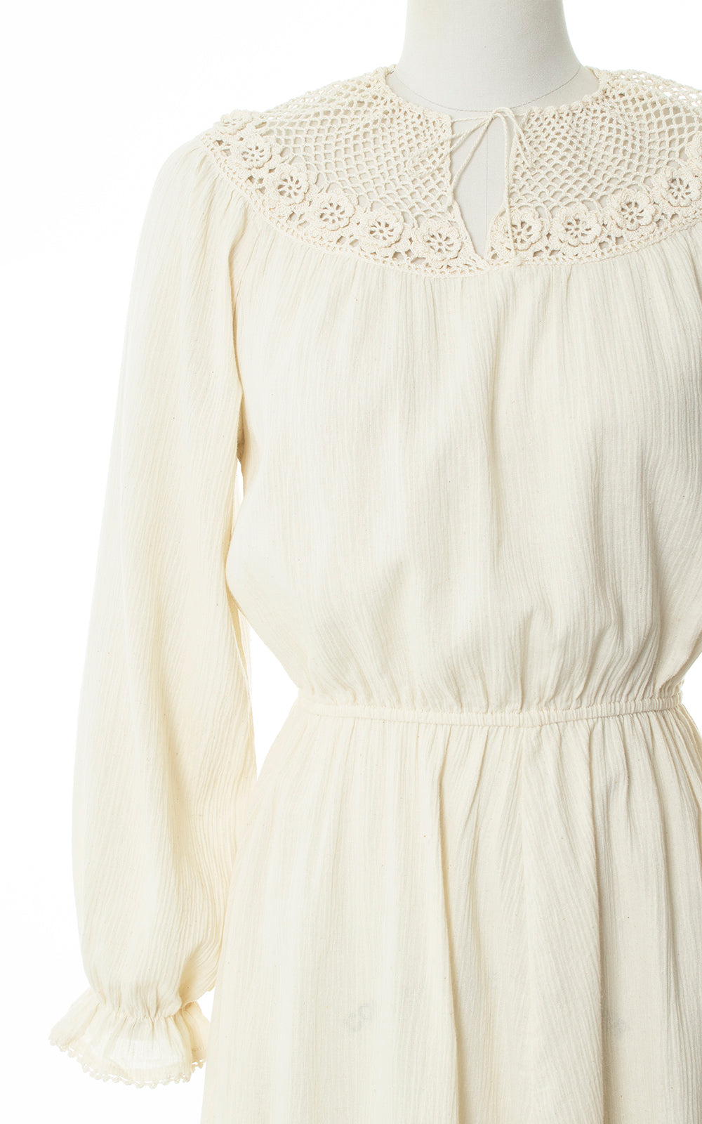 Vintage 1970s 70s Cream Cotton Gauze & Crochet Dress Birthday Life Vintage