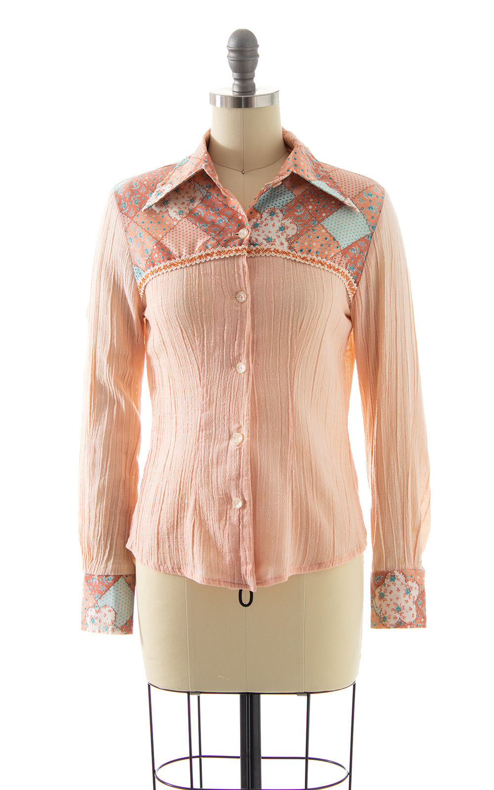 1970s Patchwork Cotton Gauze Blouse | x-small/small