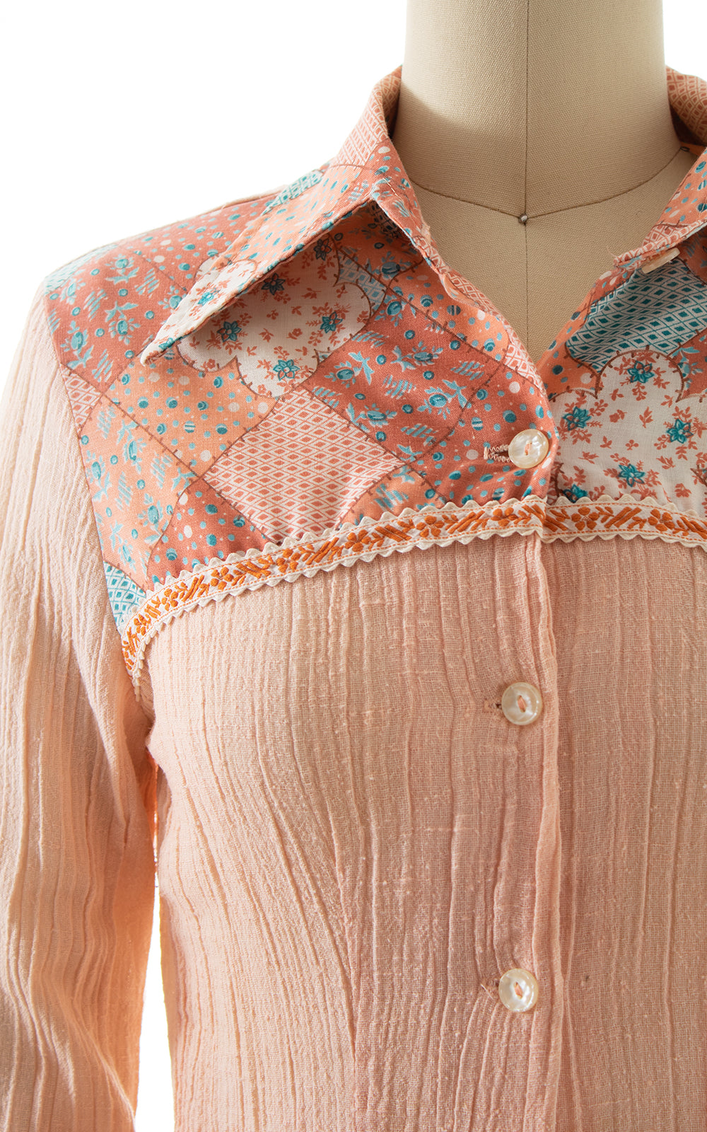 1970s Patchwork Cotton Gauze Blouse | x-small/small