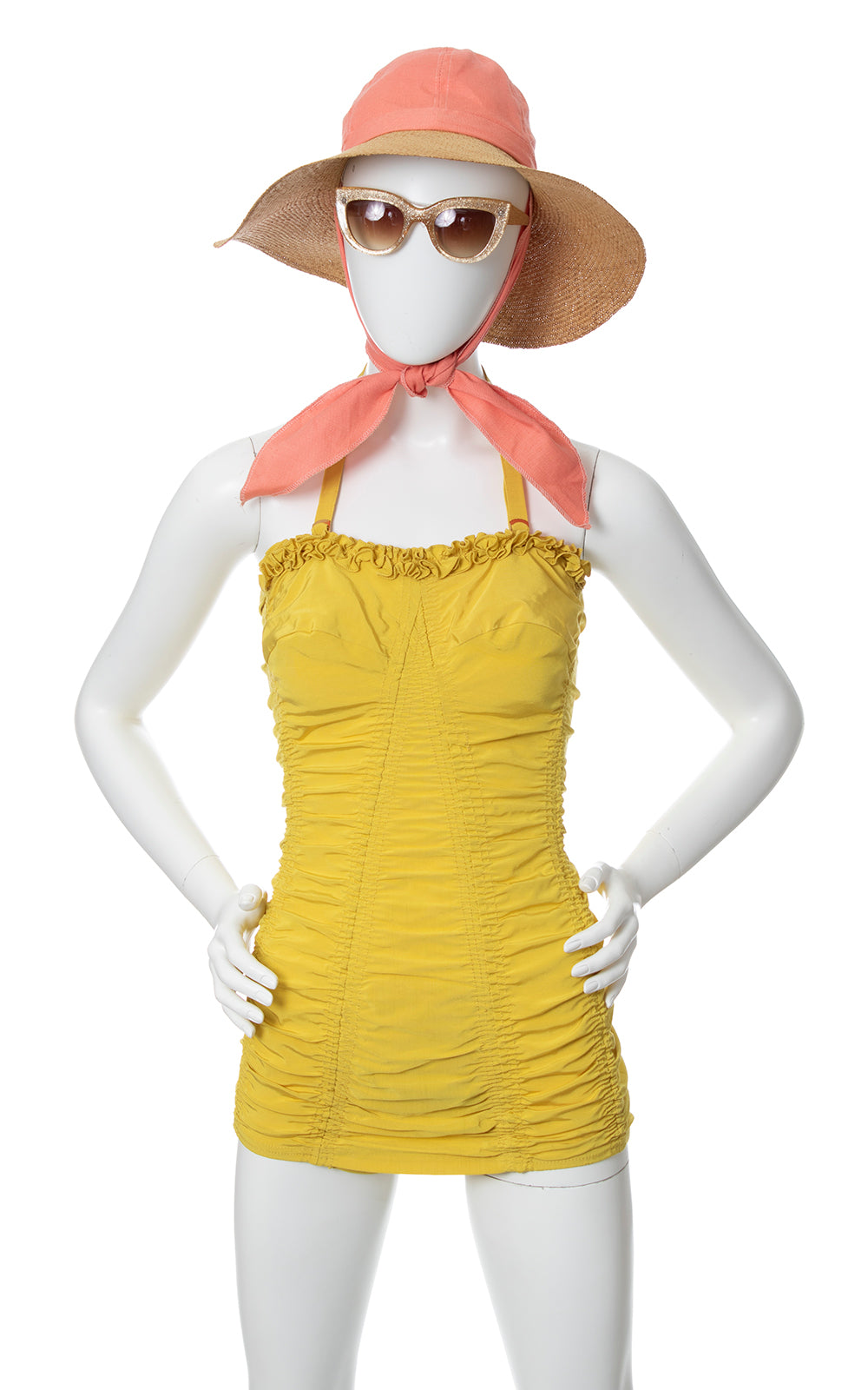 1950s CATALINA Yellow Ruffled Smocked Swimsuit | x-small/small