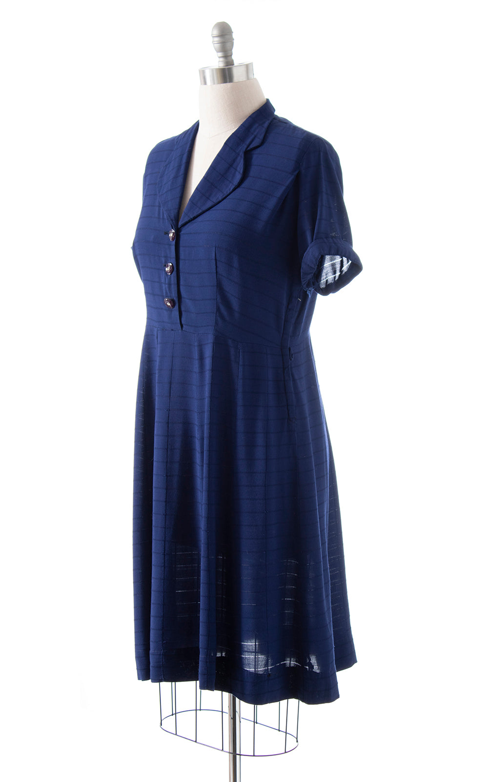 1940s Navy Blue Cotton Rayon Shirtwaist Dress | x-large