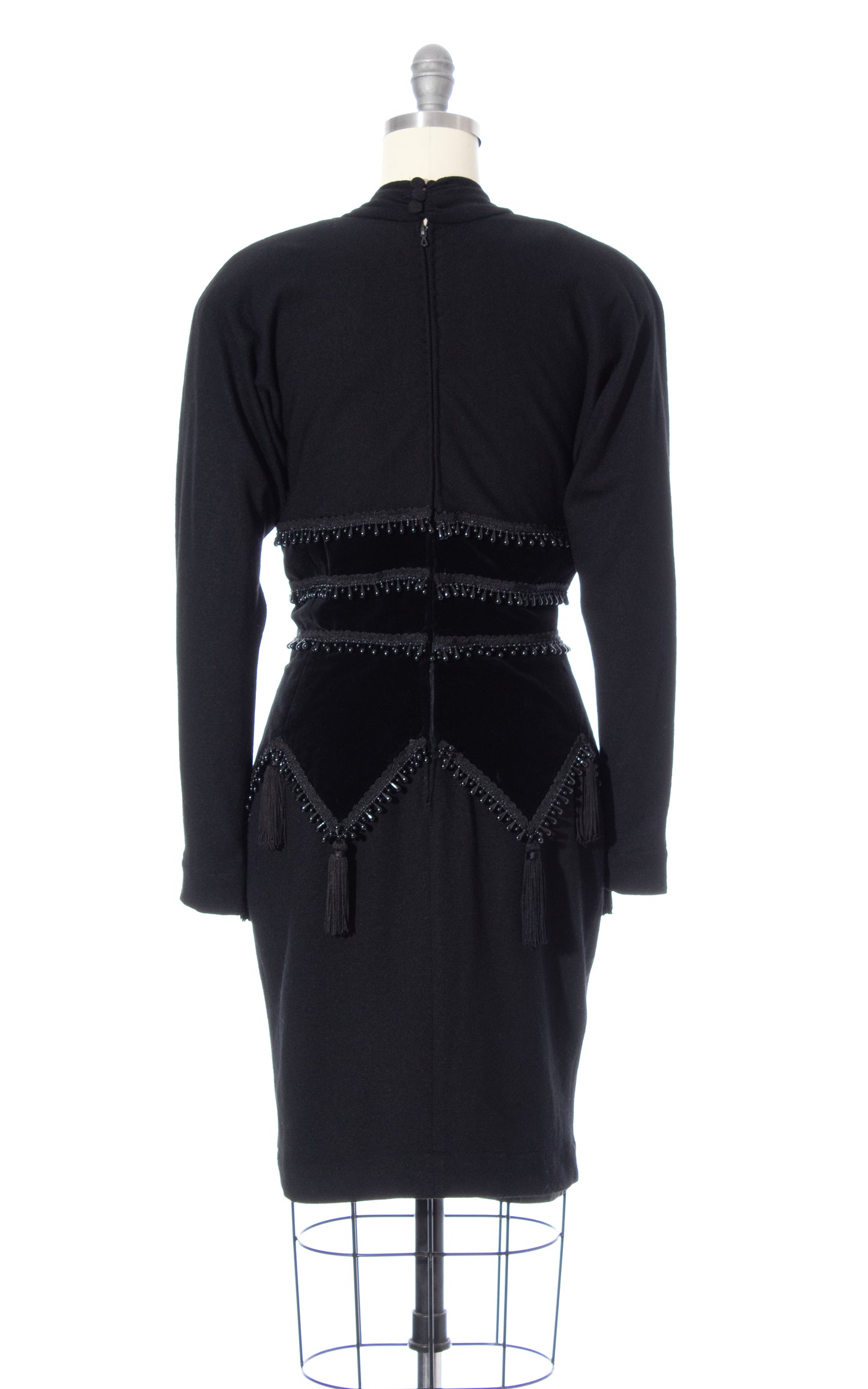 Vintage 80s 1980s Beaded Tassels Wool Jersey & Velvet Dress BirthdayLifeVintage