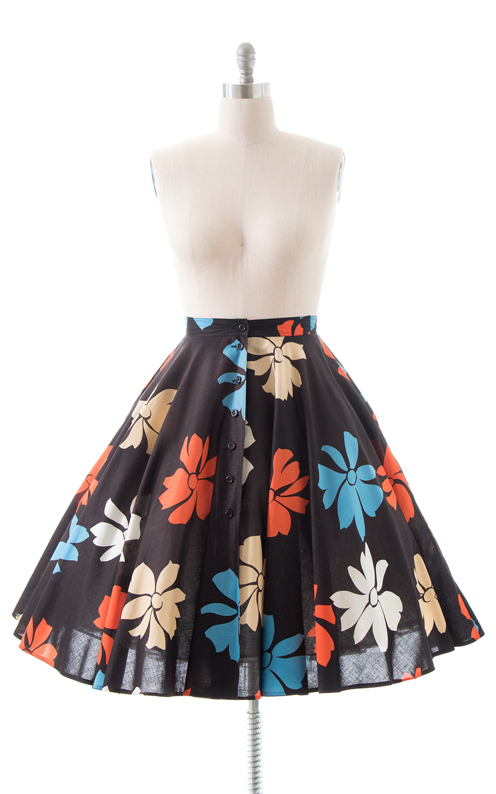 1980s does 1950s Black Floral Circle Skirt
