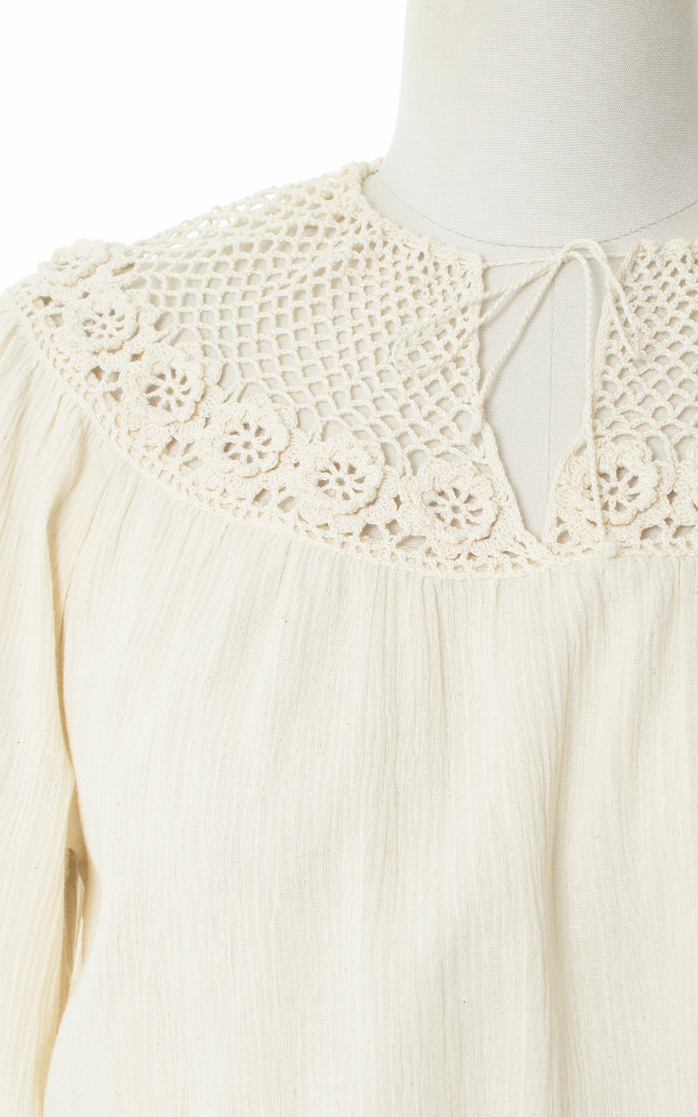 Vintage 1970s 70s Cream Cotton Gauze & Crochet Dress Birthday Life Vintage