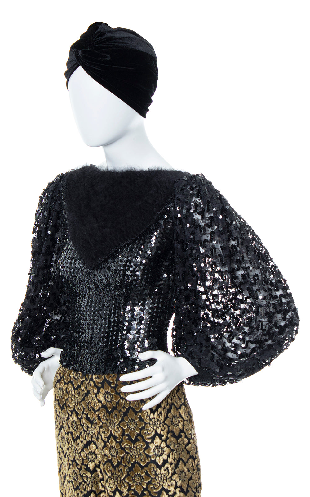 Vintage 1970s 70s 1980s 80s Black Sequin & Angora Balloon Sleeve Top Birthday Life Vintage