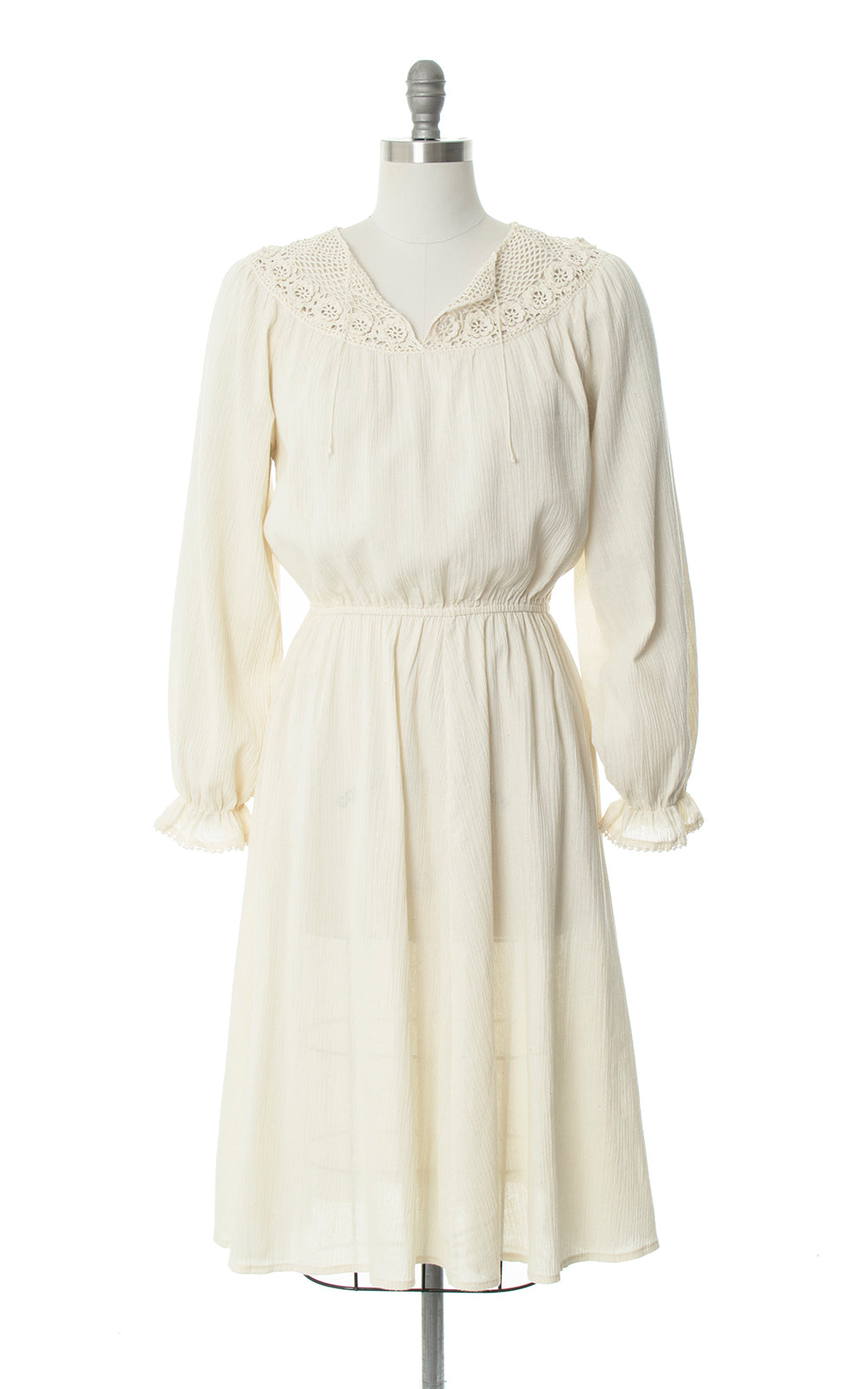 Vintage 1970s 70s Cream Cotton Gauze & Crochet Dress Birthday Life Vintage
