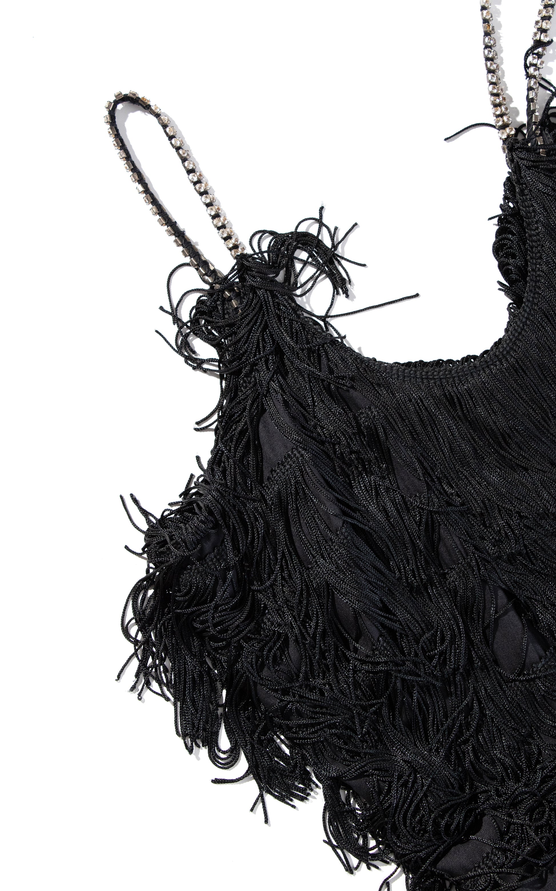Vintage 60s 1960s Black Fringe Rhinestone Straps Party Dress Evening Gown Showgirl Maxi BirthdayLifeVintage