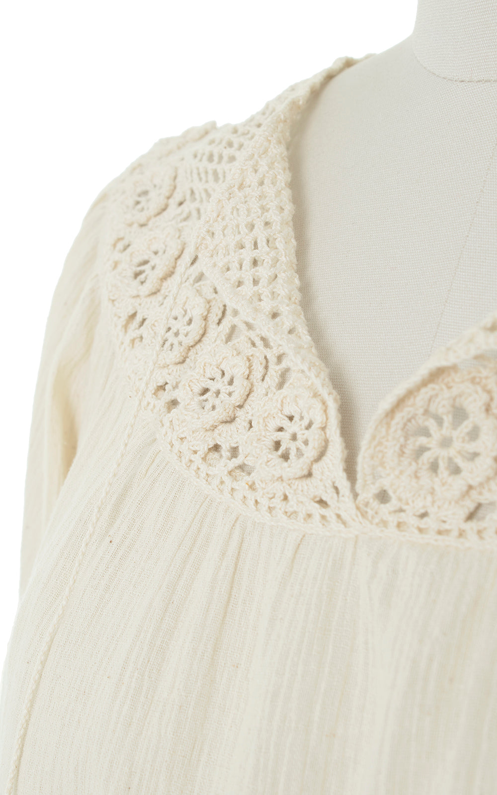 Vintage 1970s 70s Cream Cotton Gauze & Crochet Dress Birthday Life Vintage