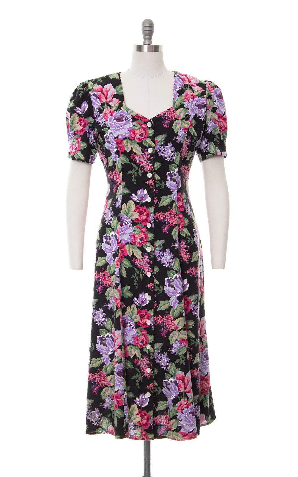 1990s Metallic Floral Rayon Shirtwaist Dress | small/medium