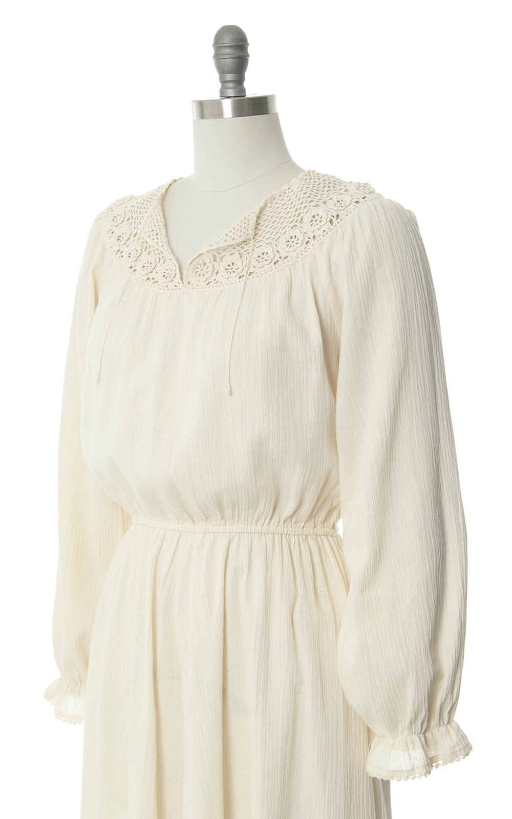 Vintage 1970s 70s Cream Cotton Gauze & Crochet Dress Birthday Life Vintage