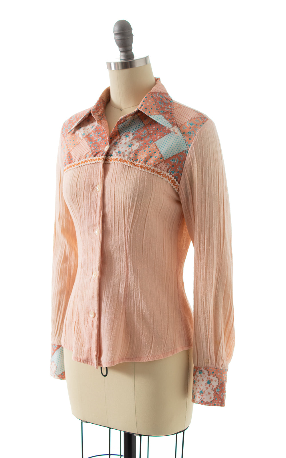 1970s Patchwork Cotton Gauze Blouse | x-small/small