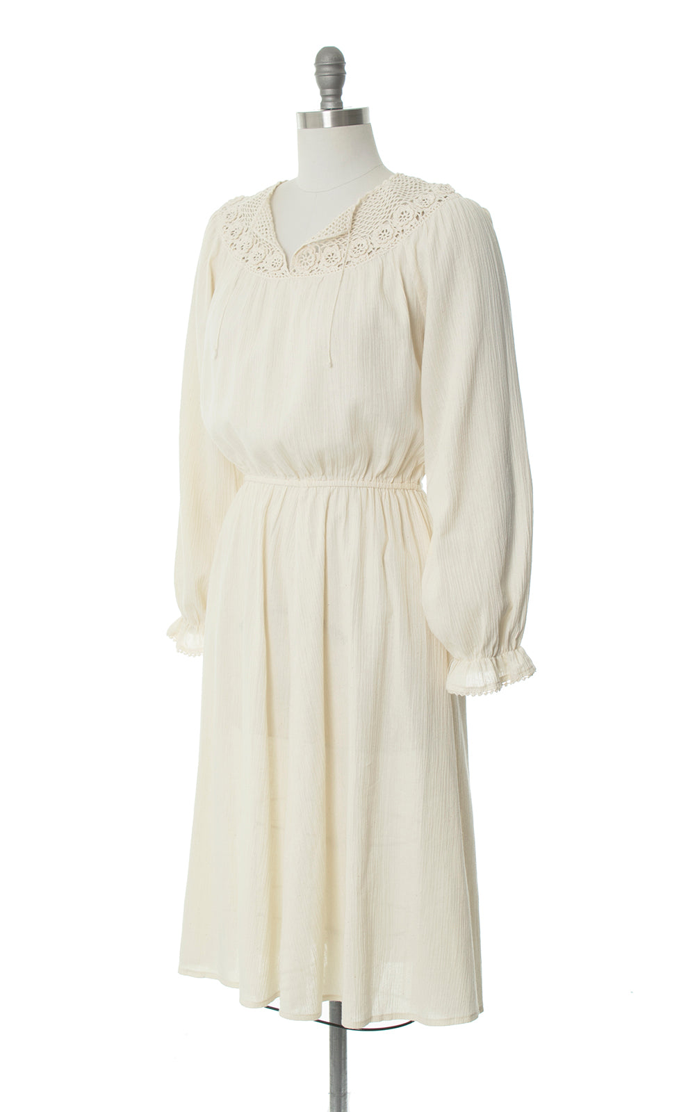 Vintage 1970s 70s Cream Cotton Gauze & Crochet Dress Birthday Life Vintage