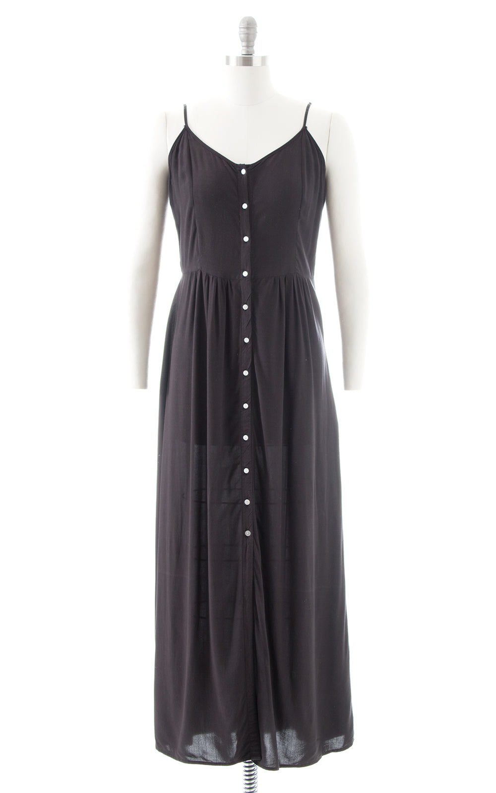 2000s Black Rayon Button Up Midi Dress