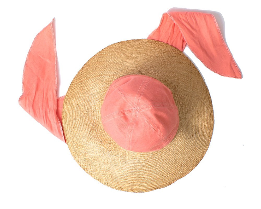 1960s Pink Cotton & Straw Sun Hat with Ties | small/medium