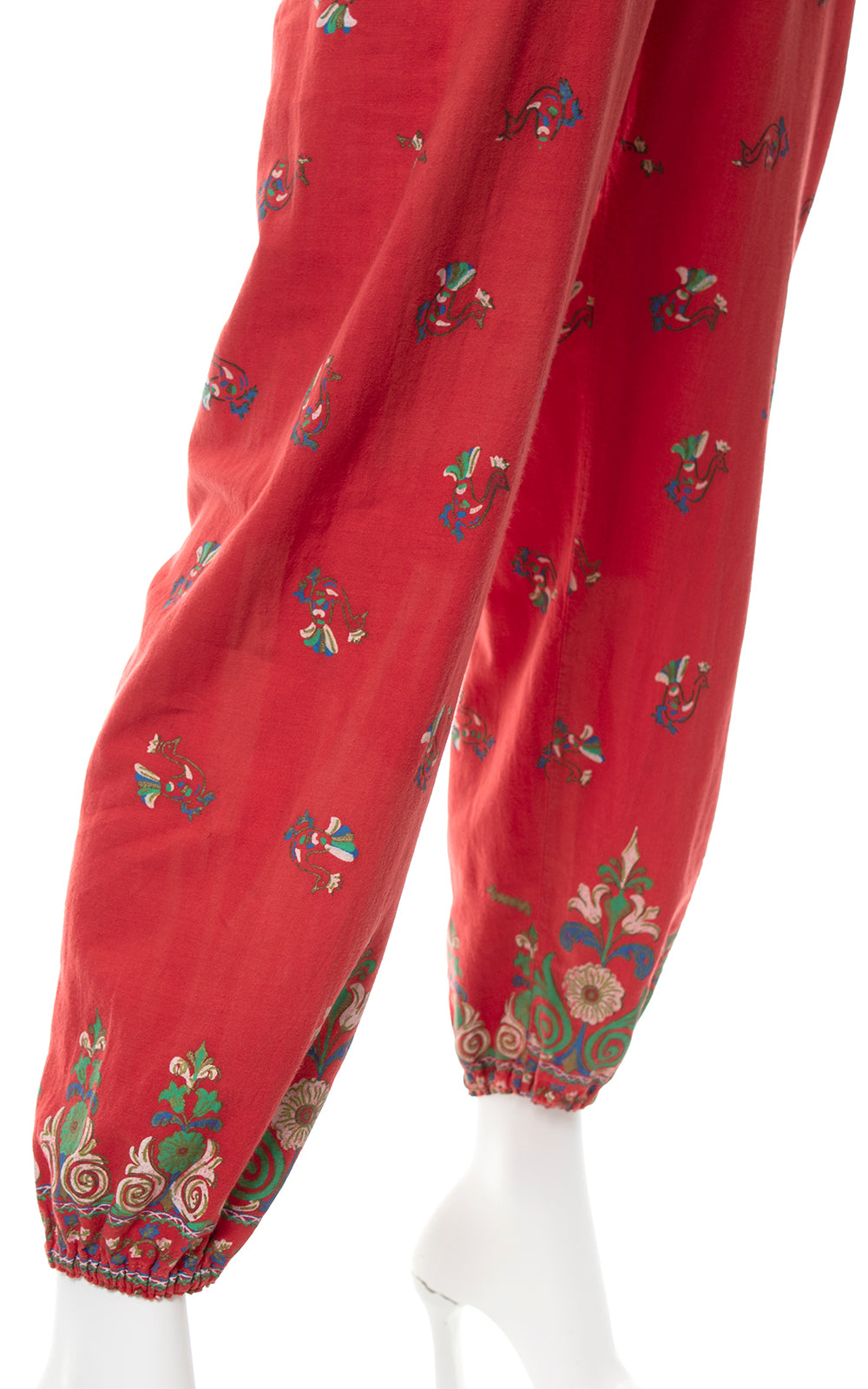 1970s Greek Birds Border Print Cotton Jumpsuit | small