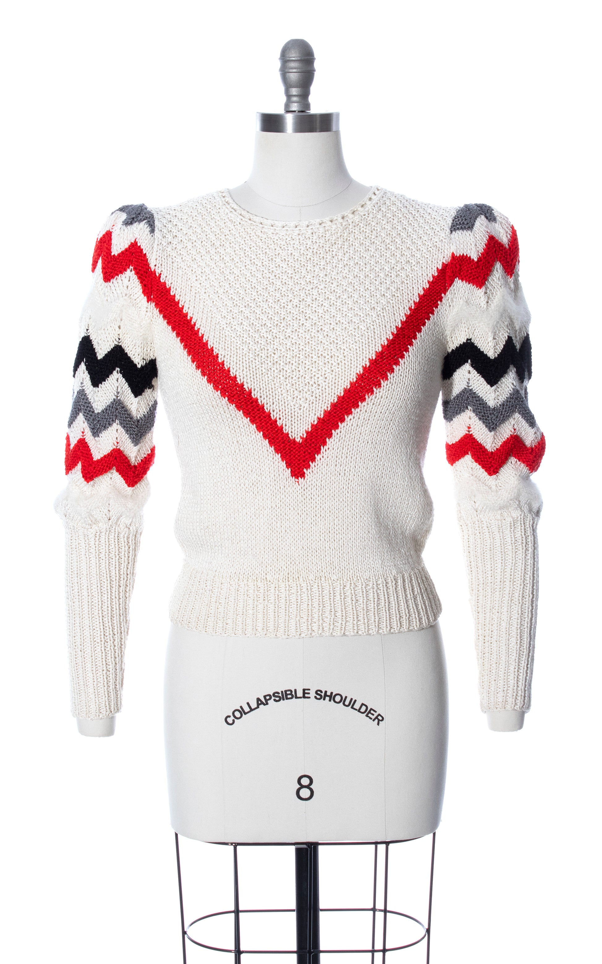 Vintage 80s 1980s Chevron Striped Knit Rayon Angora White Puff Mutton Sleeve Sweater Birthday Life Vintage