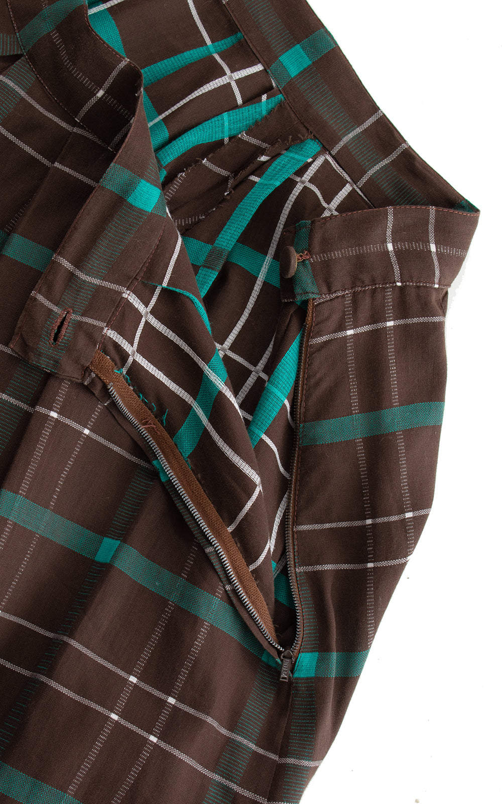 1950s Brown Plaid Pleated Midi Skirt | large | BirthdayLifeVintage