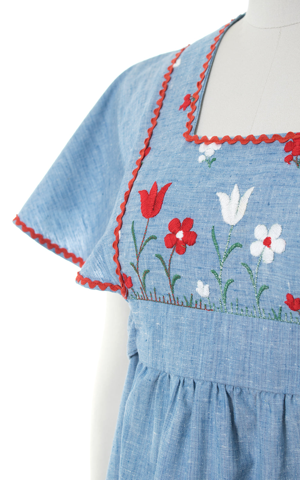 1970s Floral Embroidered Chambray Flutter Sleeve Maxi Dress