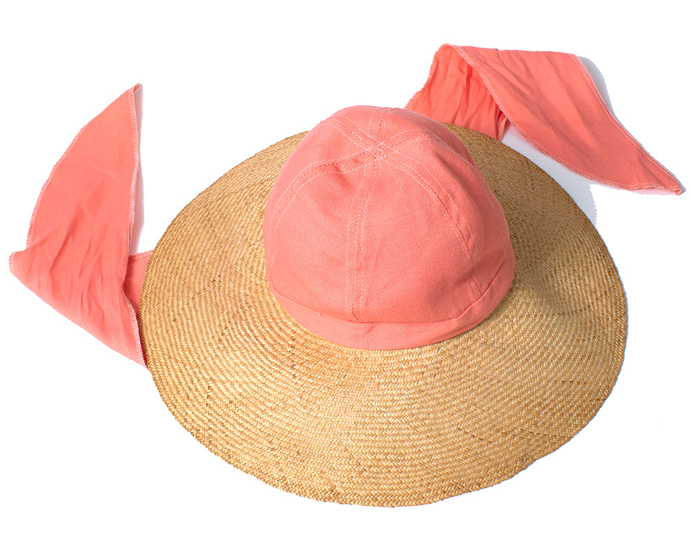 1960s Pink Cotton & Straw Sun Hat with Ties | small/medium