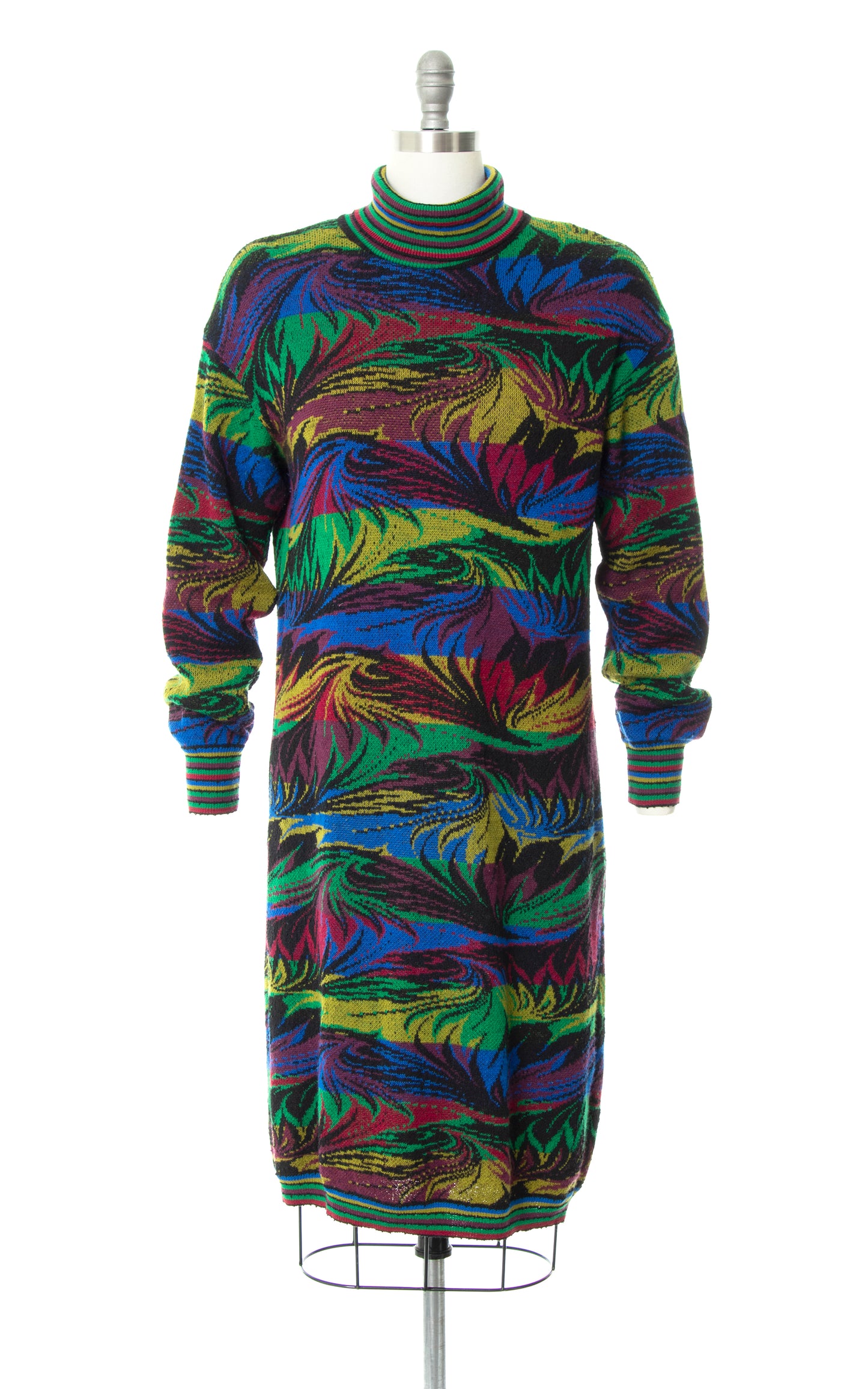 Vintage 80s 1980s MISSONI Striped Leaf Floral Knit Wool Turtleneck Sweater Dress | medium/large | Birthday Life Vintage