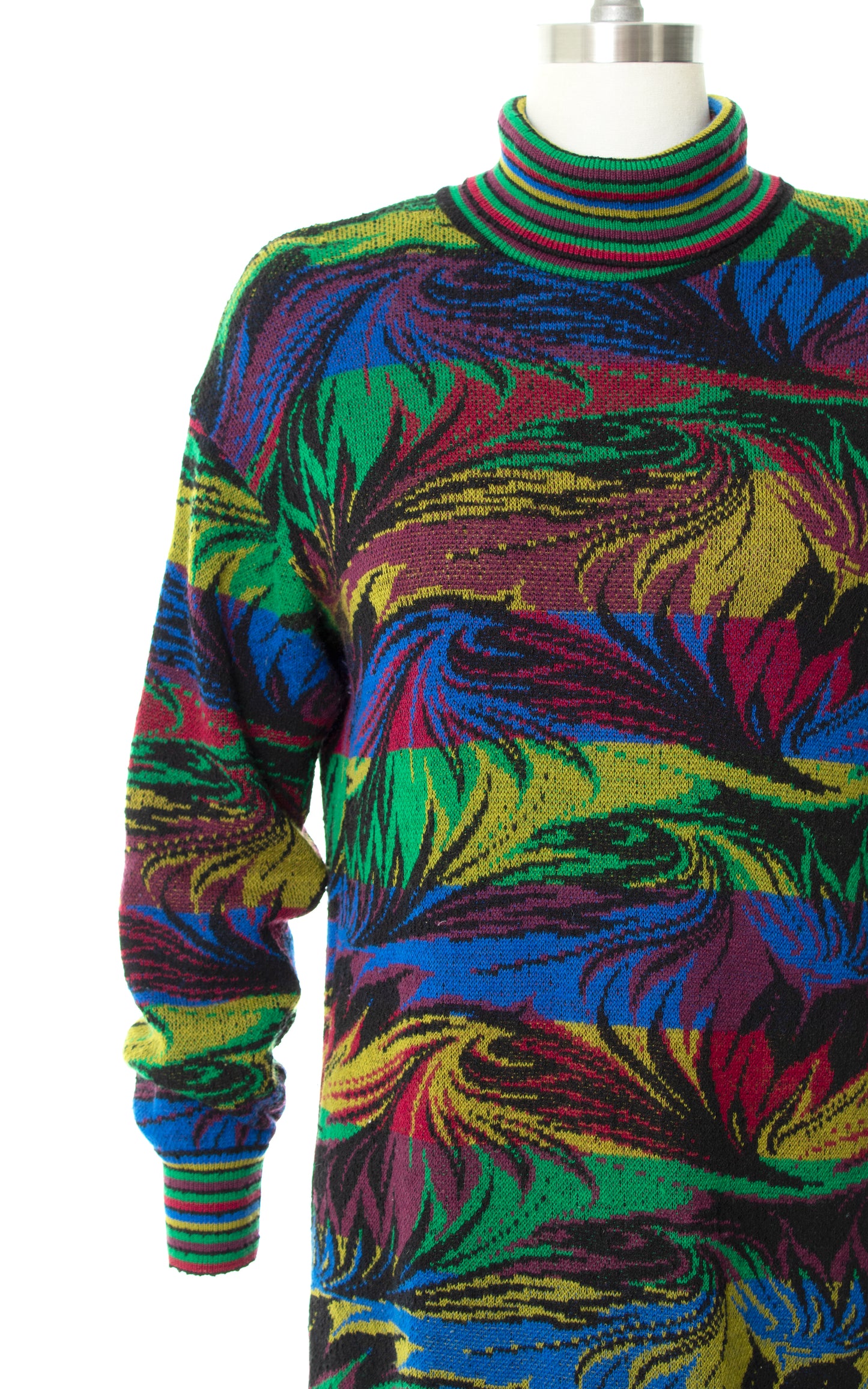 Vintage 80s 1980s MISSONI Striped Leaf Floral Knit Wool Turtleneck Sweater Dress | medium/large | Birthday Life Vintage