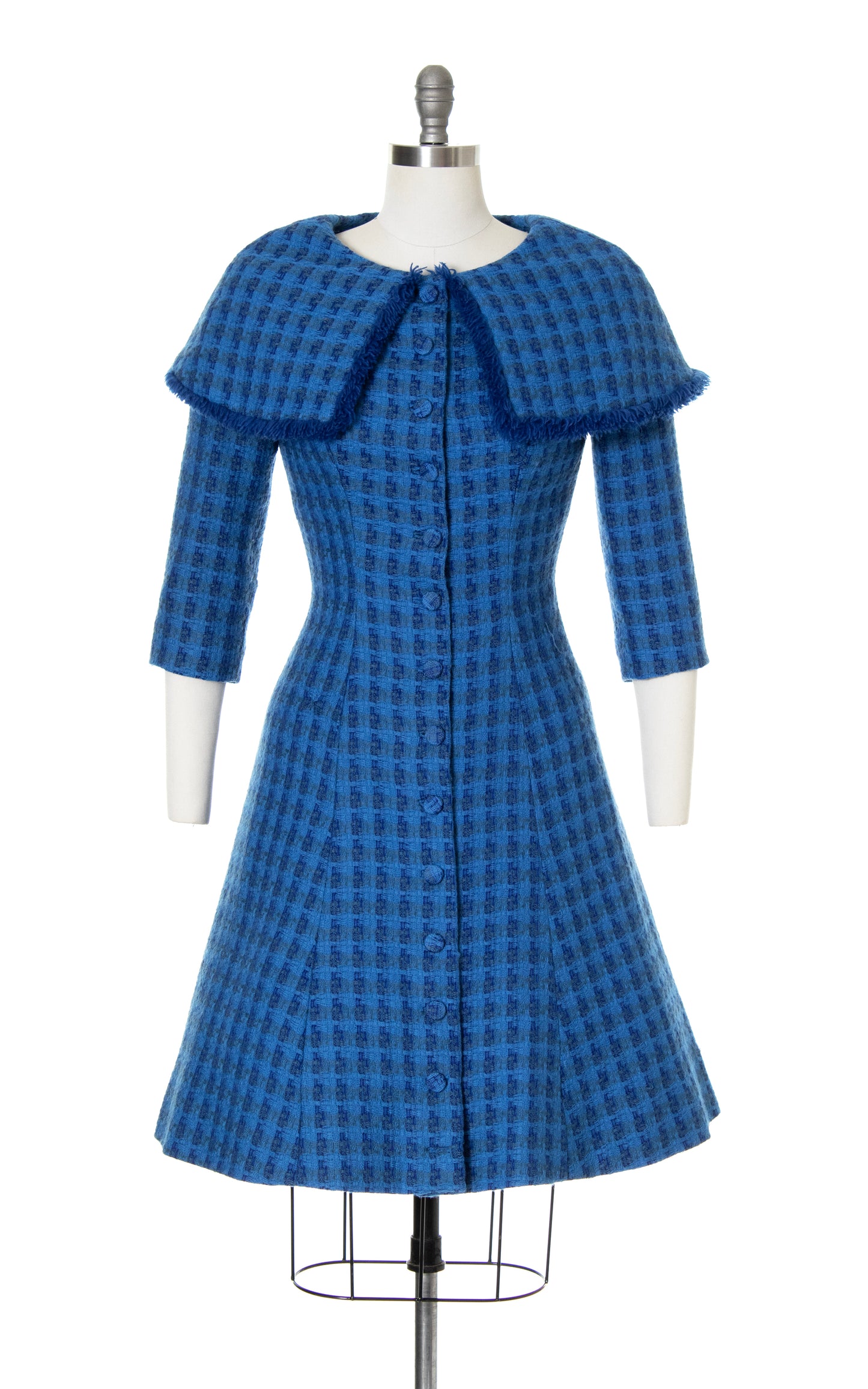 1950s Plaid Wool Dress with Fringe Collar | small
