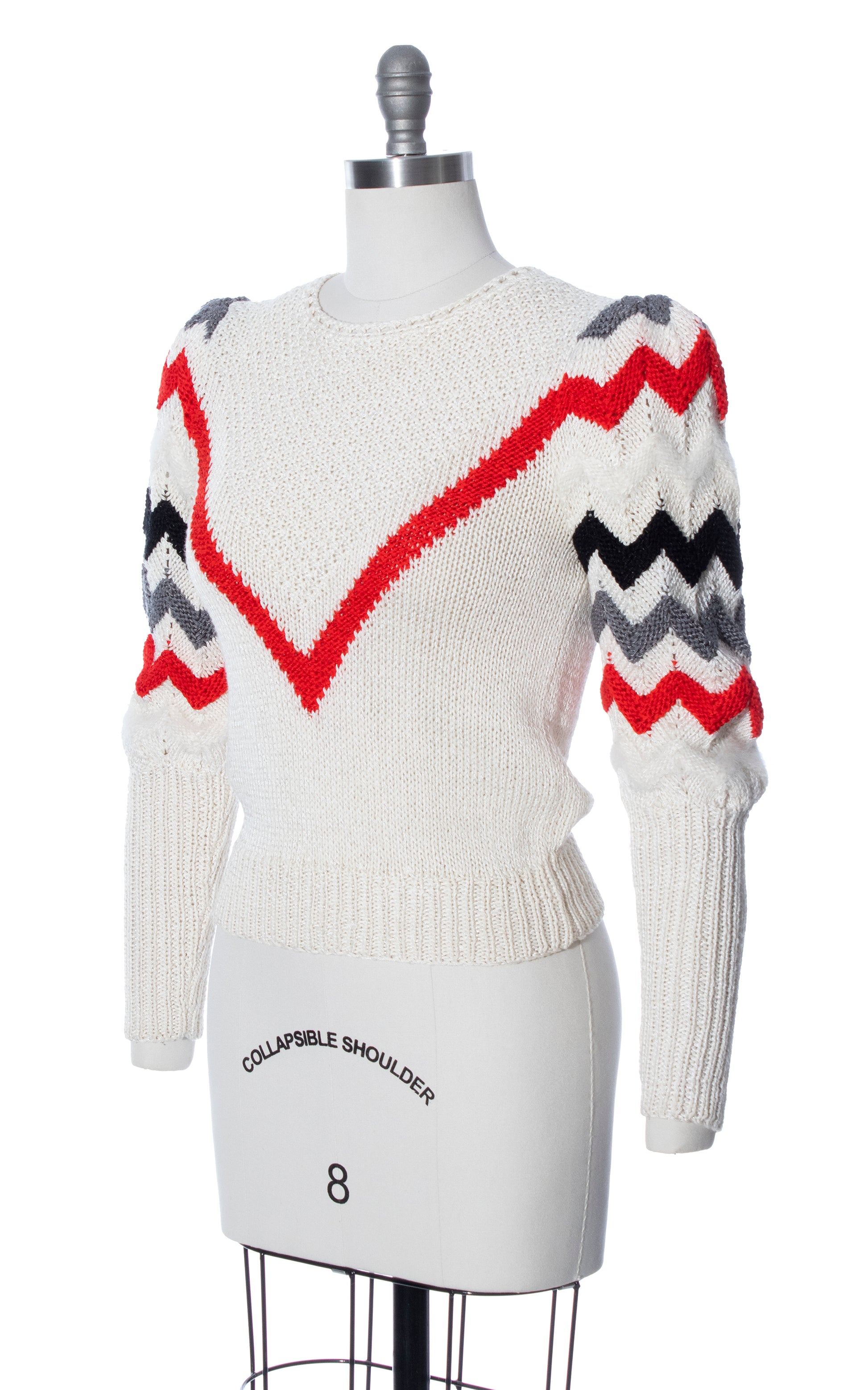Vintage 80s 1980s Chevron Striped Knit Rayon Angora White Puff Mutton Sleeve Sweater Birthday Life Vintage