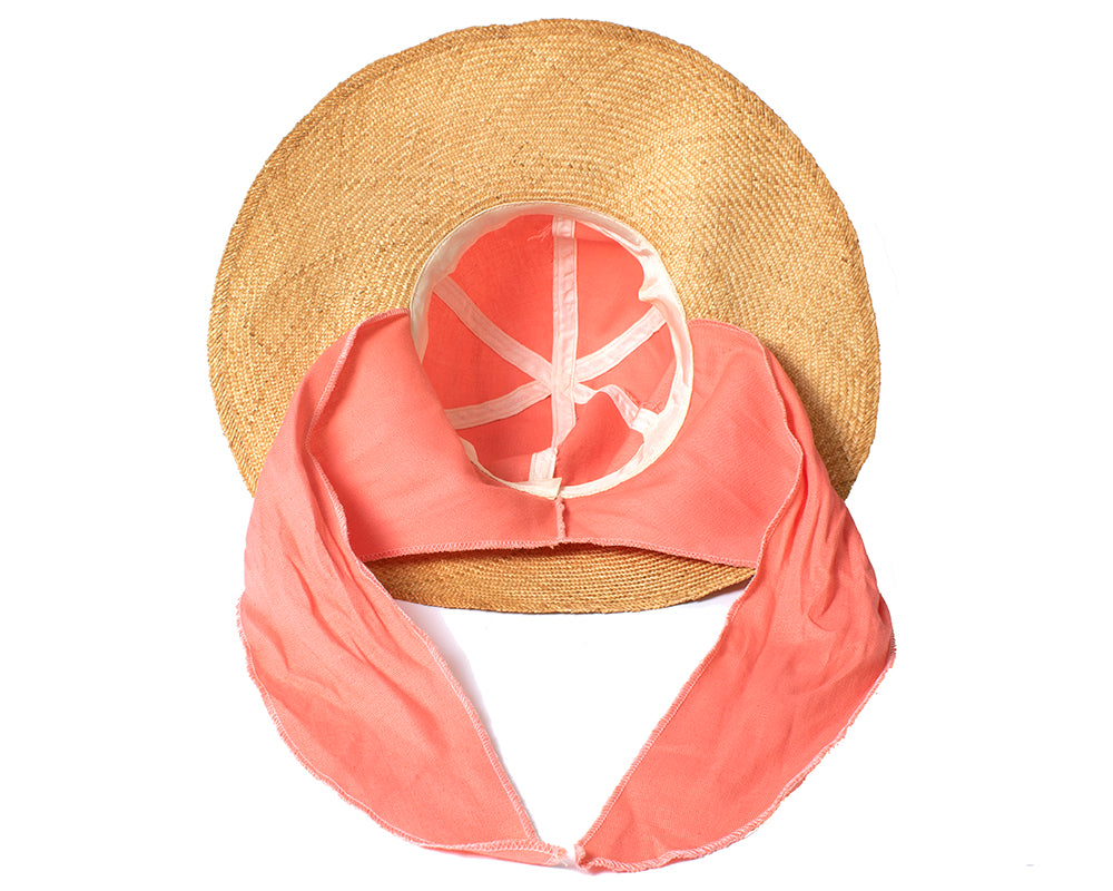 1960s Pink Cotton & Straw Sun Hat with Ties | small/medium