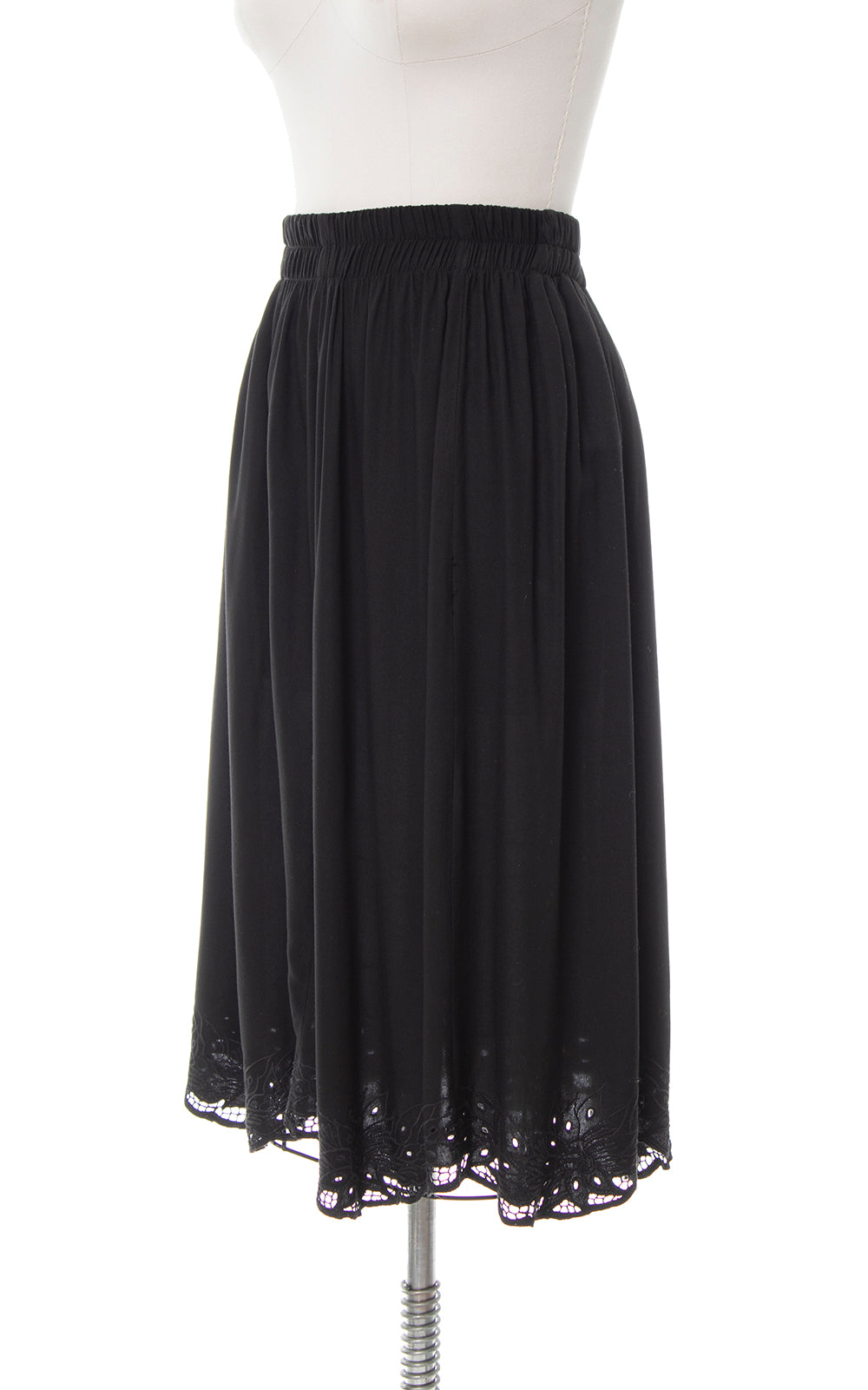 1980s Floral Cutwork Black Rayon Skirt | small/medium/large