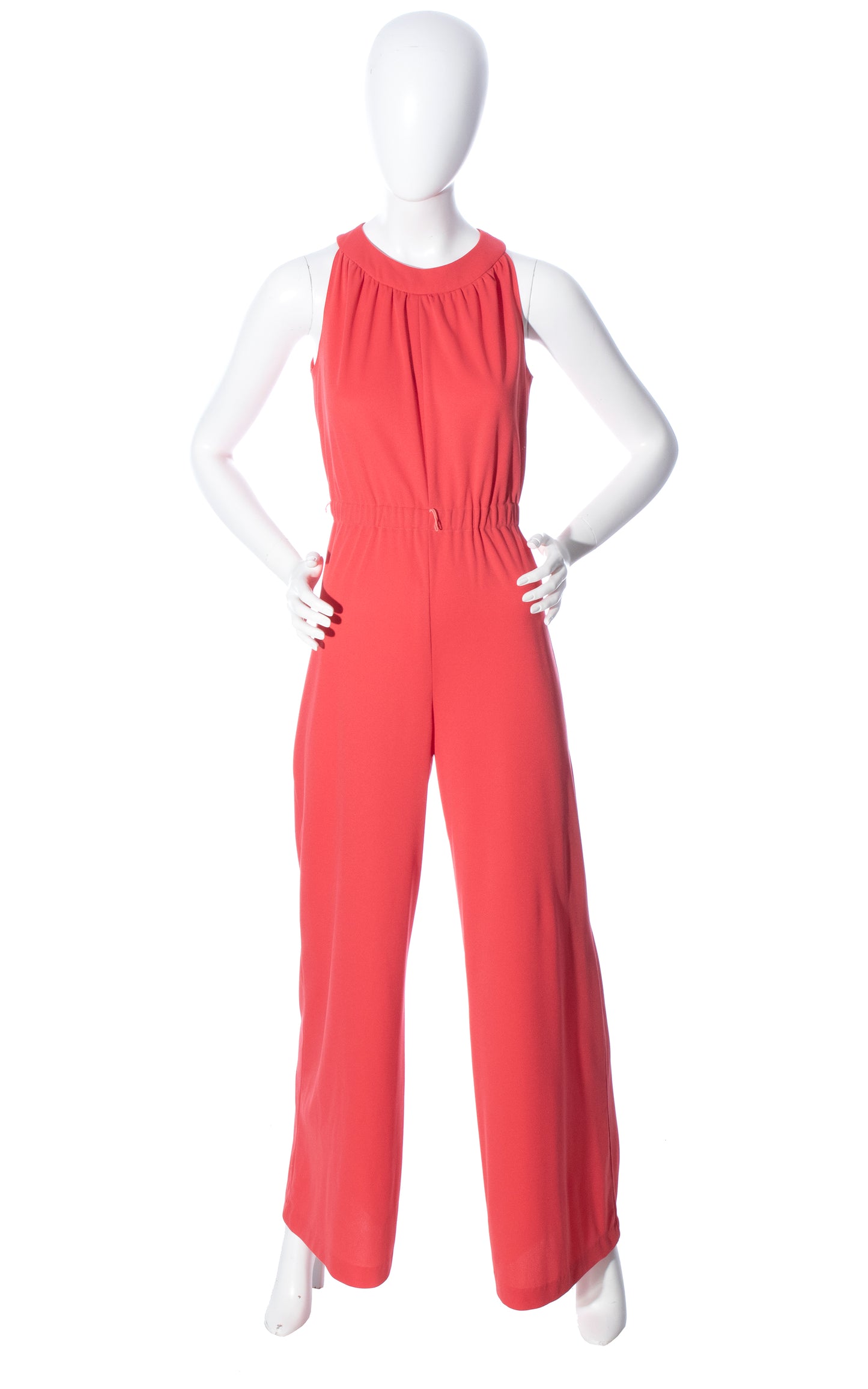 Vintage 70s 1970s Hot Salmon Pink Jersey Knit Wide Leg Jumpsuit Birthday Life Vintage