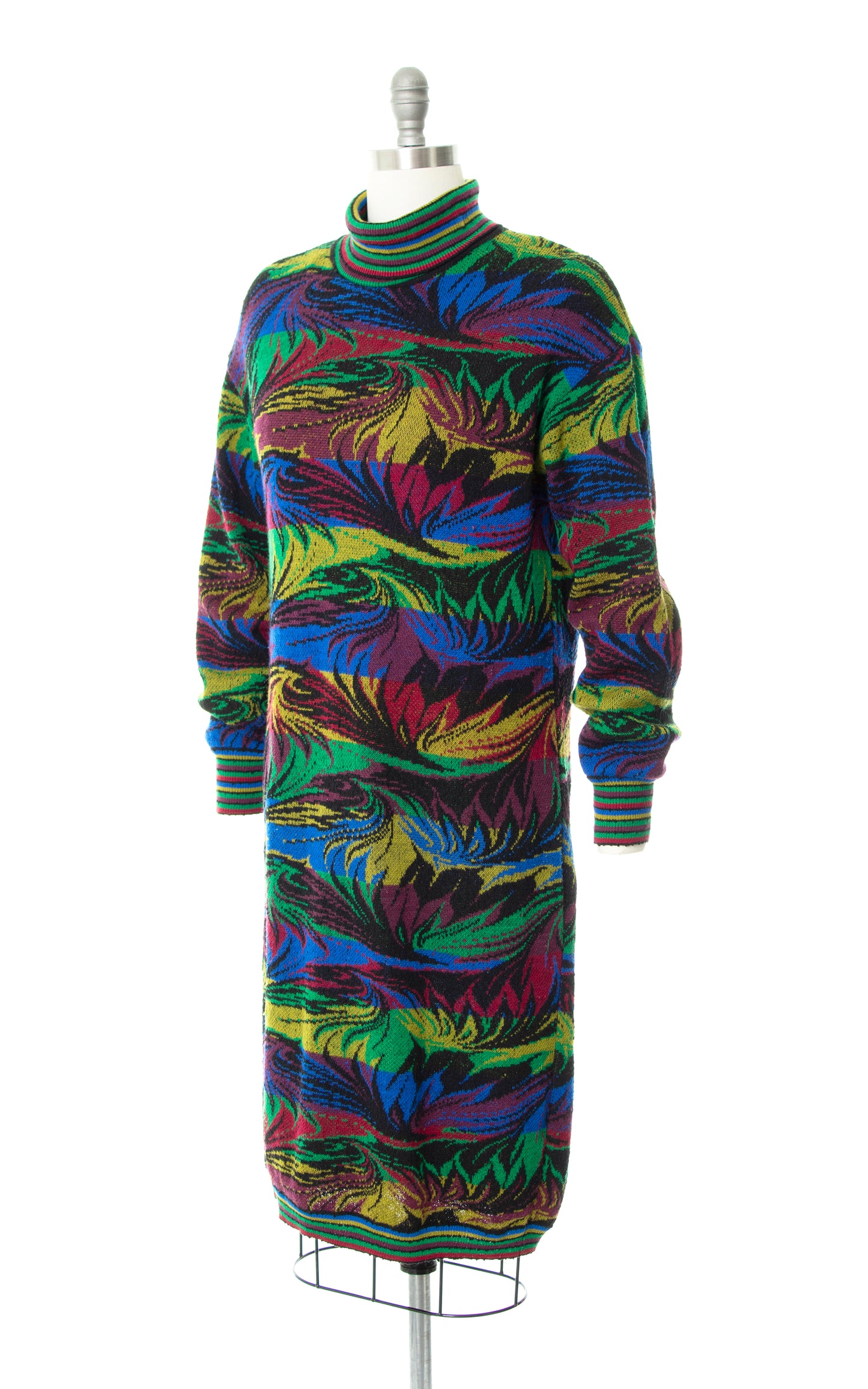 Vintage 80s 1980s MISSONI Striped Leaf Floral Knit Wool Turtleneck Sweater Dress | medium/large | Birthday Life Vintage