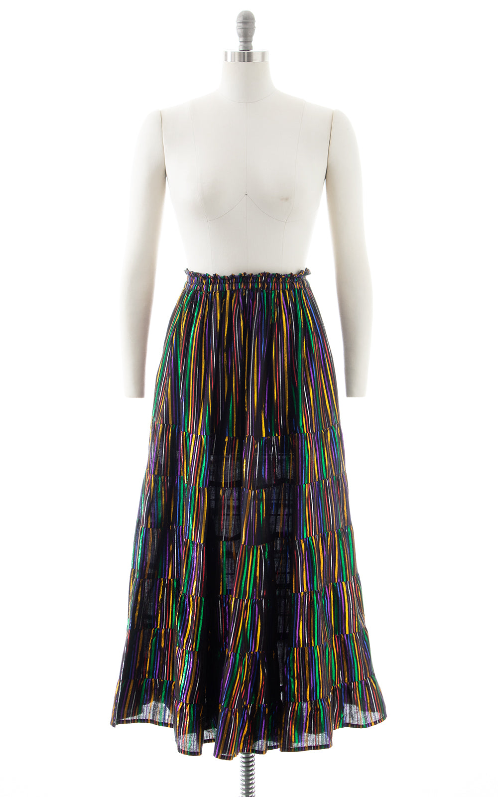 1970s 1980s Metallic Rainbow Striped Tiered Maxi Skirt | x-small/small/medium