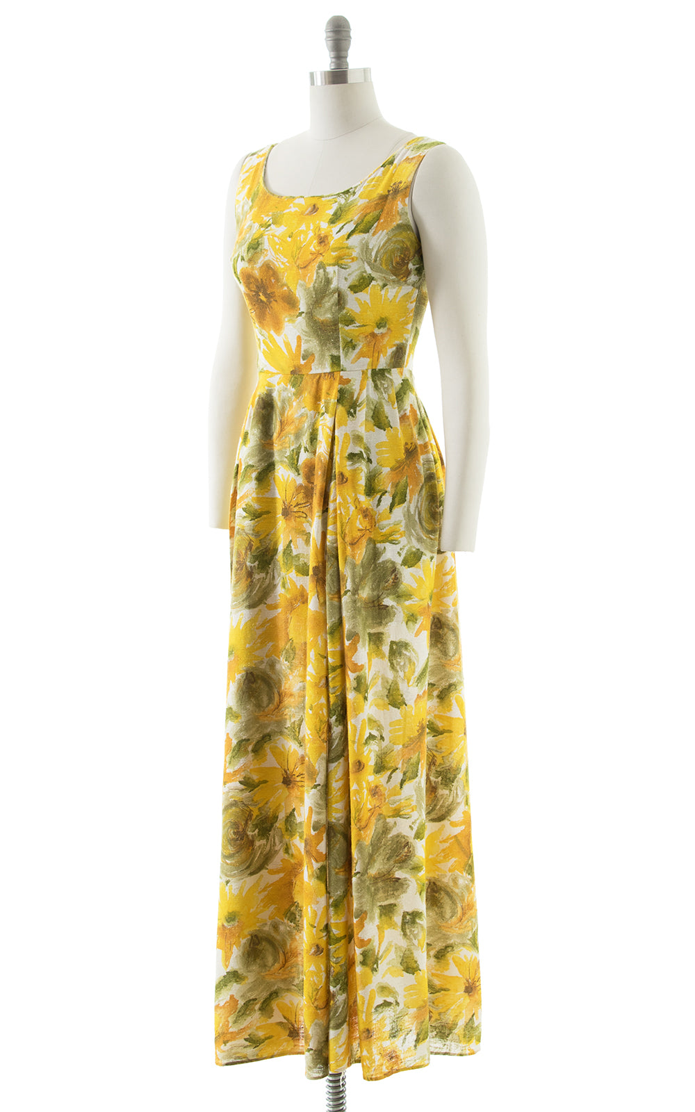 1960s 1970s Yellow Floral Cotton Maxi Sundress BirthdayLifeVintage