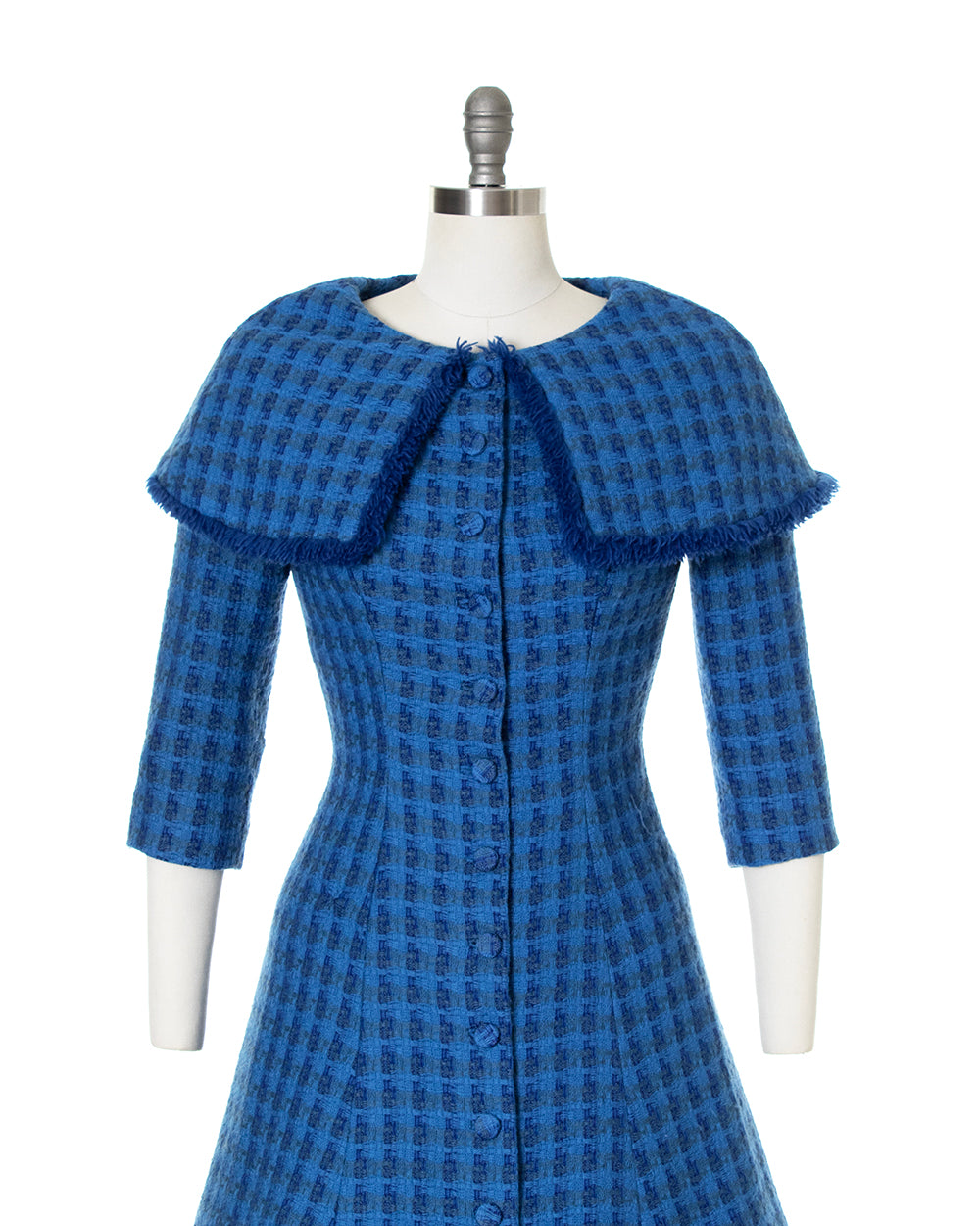 1950s Plaid Wool Dress with Fringe Collar | small