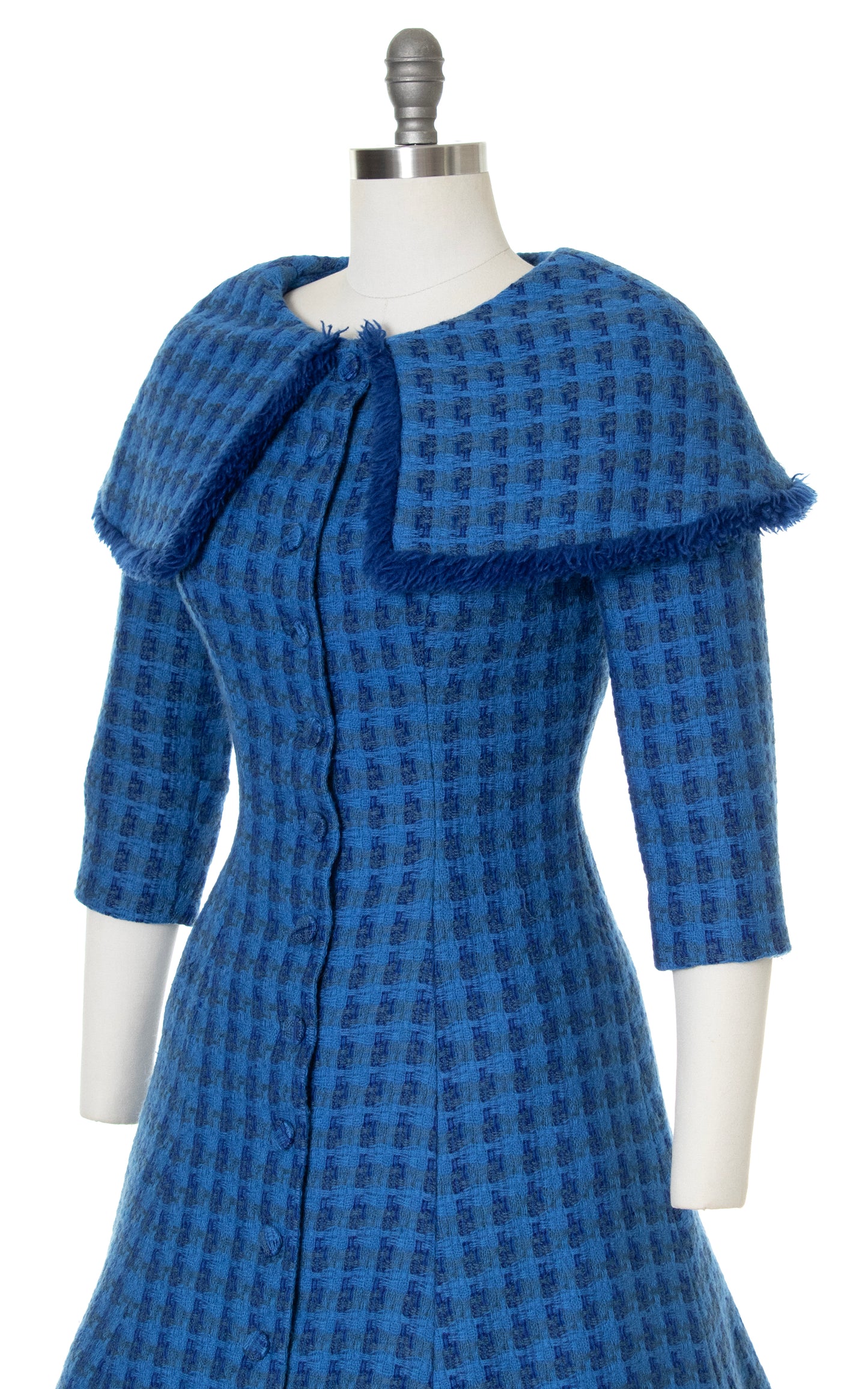 1950s Plaid Wool Dress with Fringe Collar | small