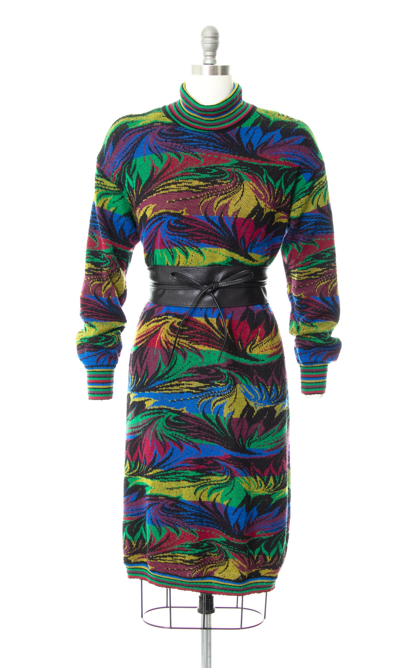 Vintage 80s 1980s MISSONI Striped Leaf Floral Knit Wool Turtleneck Sweater Dress | medium/large | Birthday Life Vintage