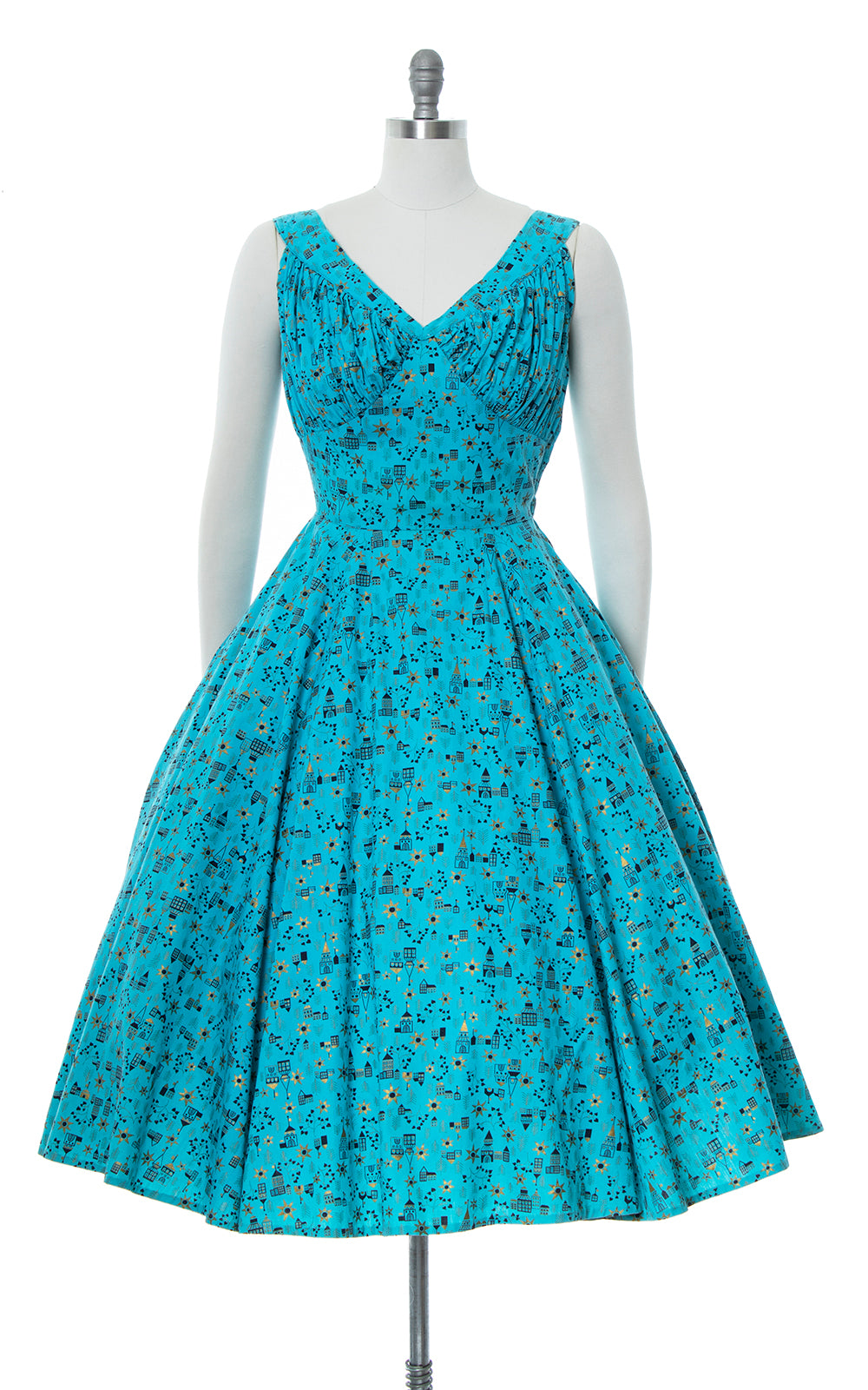 1950s House Novelty Print Metallic Circle Skirt Sundress | small