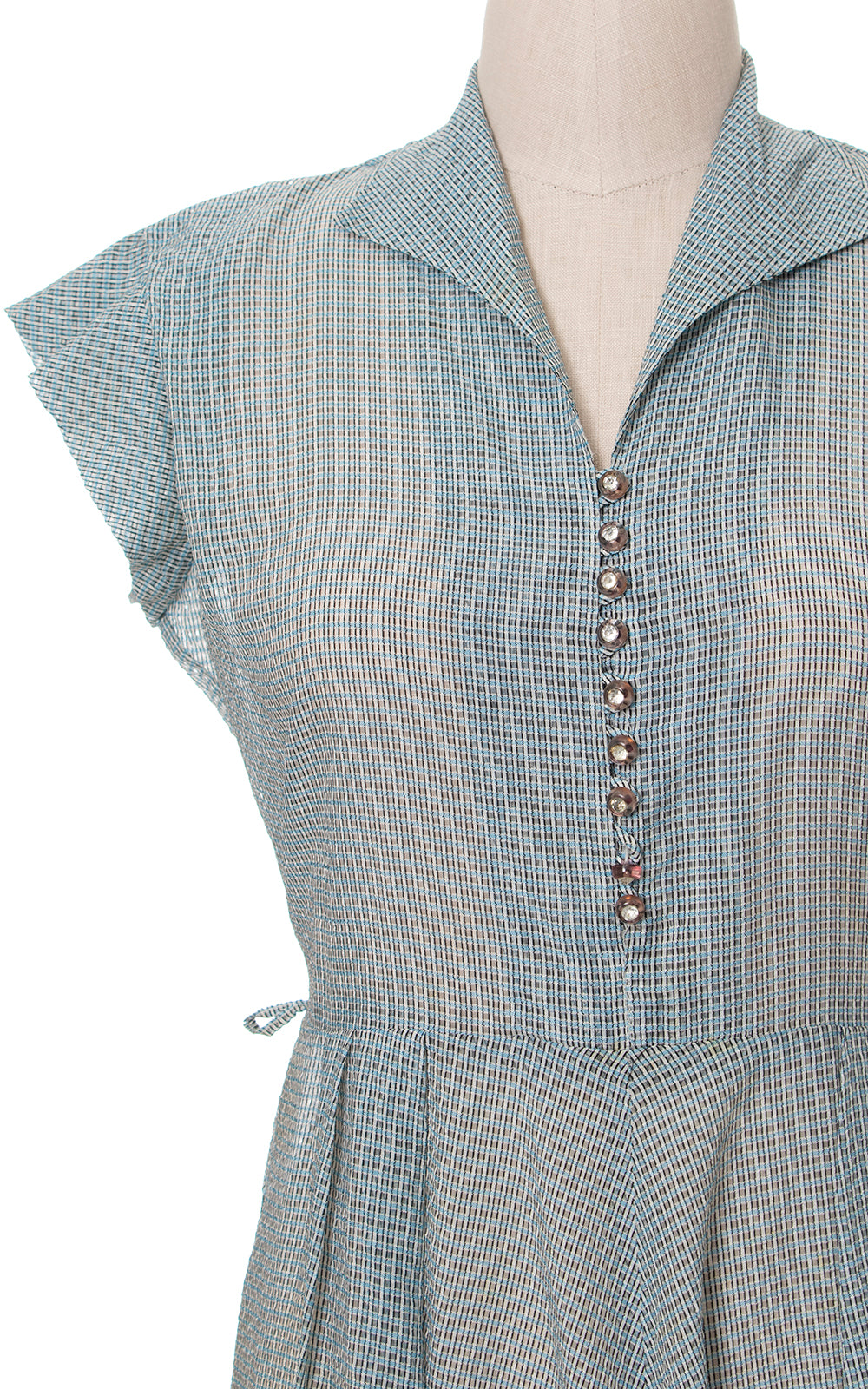 1940s 1950s Sheer Plaid Shirtwaist Dress with Rhinestone Buttons | large