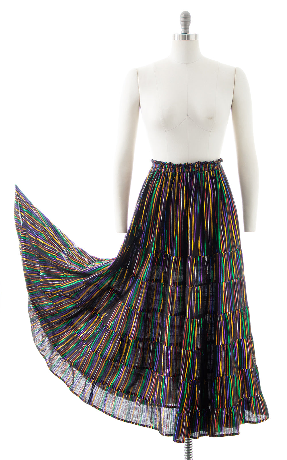 1970s 1980s Metallic Rainbow Striped Tiered Maxi Skirt | x-small/small/medium