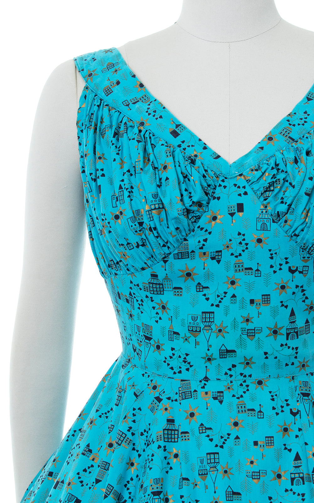 1950s House Novelty Print Metallic Circle Skirt Sundress | small