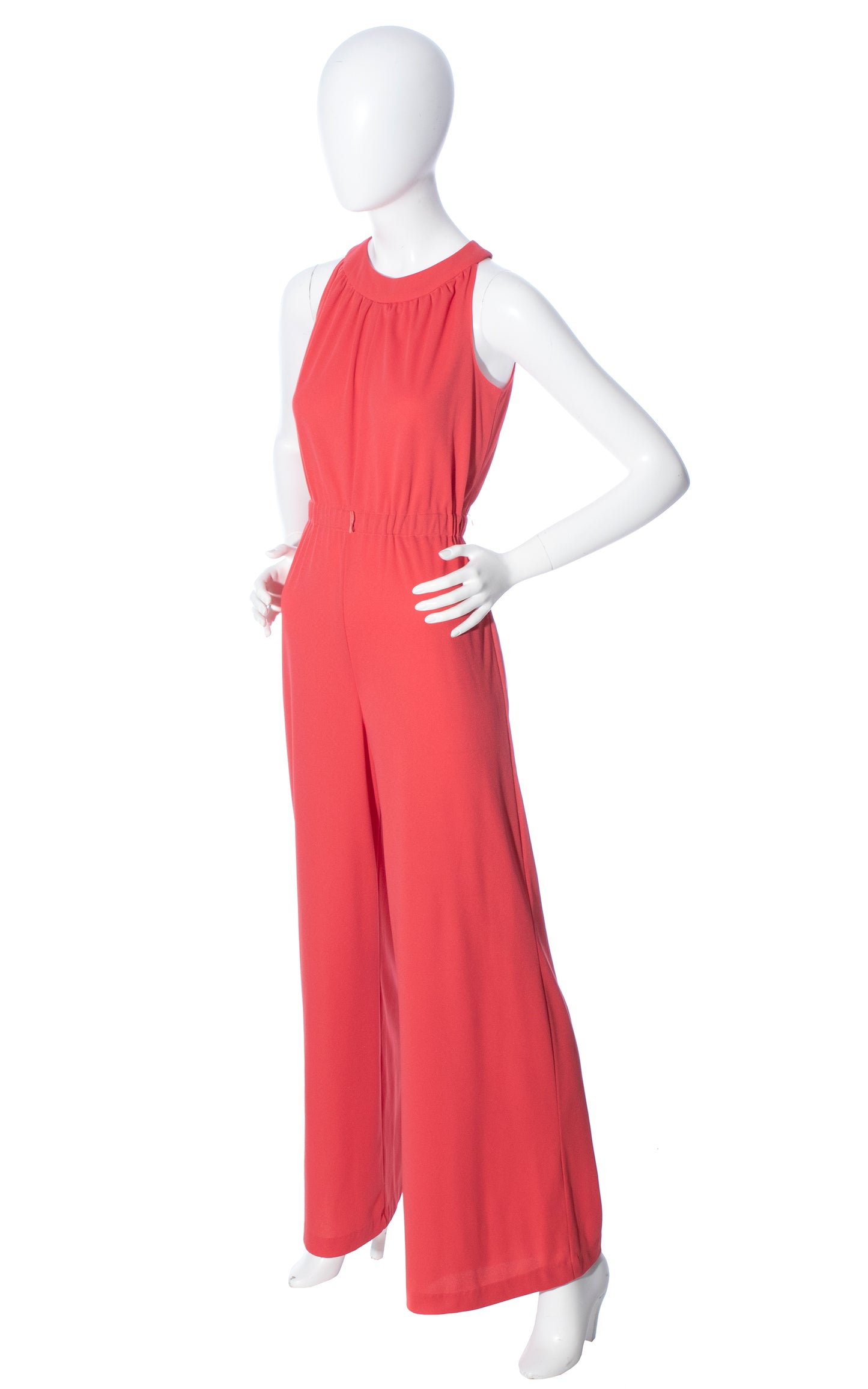 Vintage 70s 1970s Hot Salmon Pink Jersey Knit Wide Leg Jumpsuit Birthday Life Vintage