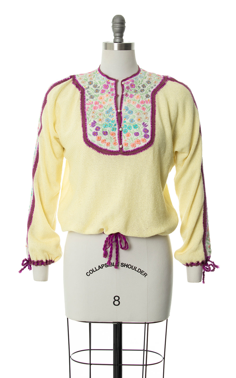Vintage 1970s 70s Floral Embroidered Knit Drawstring Cream Sweater Birthday Life Vintage